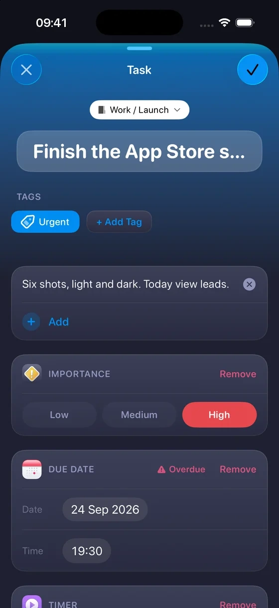A Task called “Finish the App Store screenshots”, tagged Urgent, with Importance set to High and an overdue Due Date.