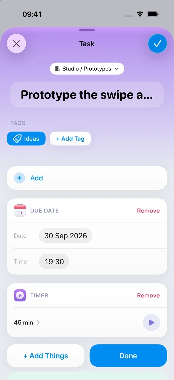 A Task called “Prototype the swipe actions”, tagged Ideas, with a 45 minute Timer.