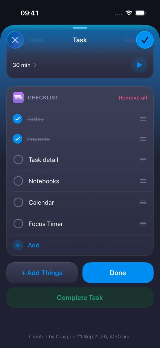 The same Task further down, showing a Checklist half ticked off and a 30 minute Timer.