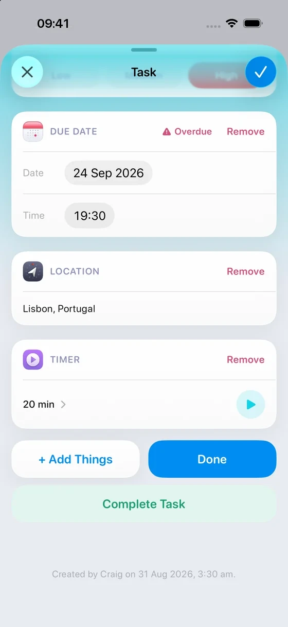 The same Task further down, showing its Location and a 20 minute Timer.