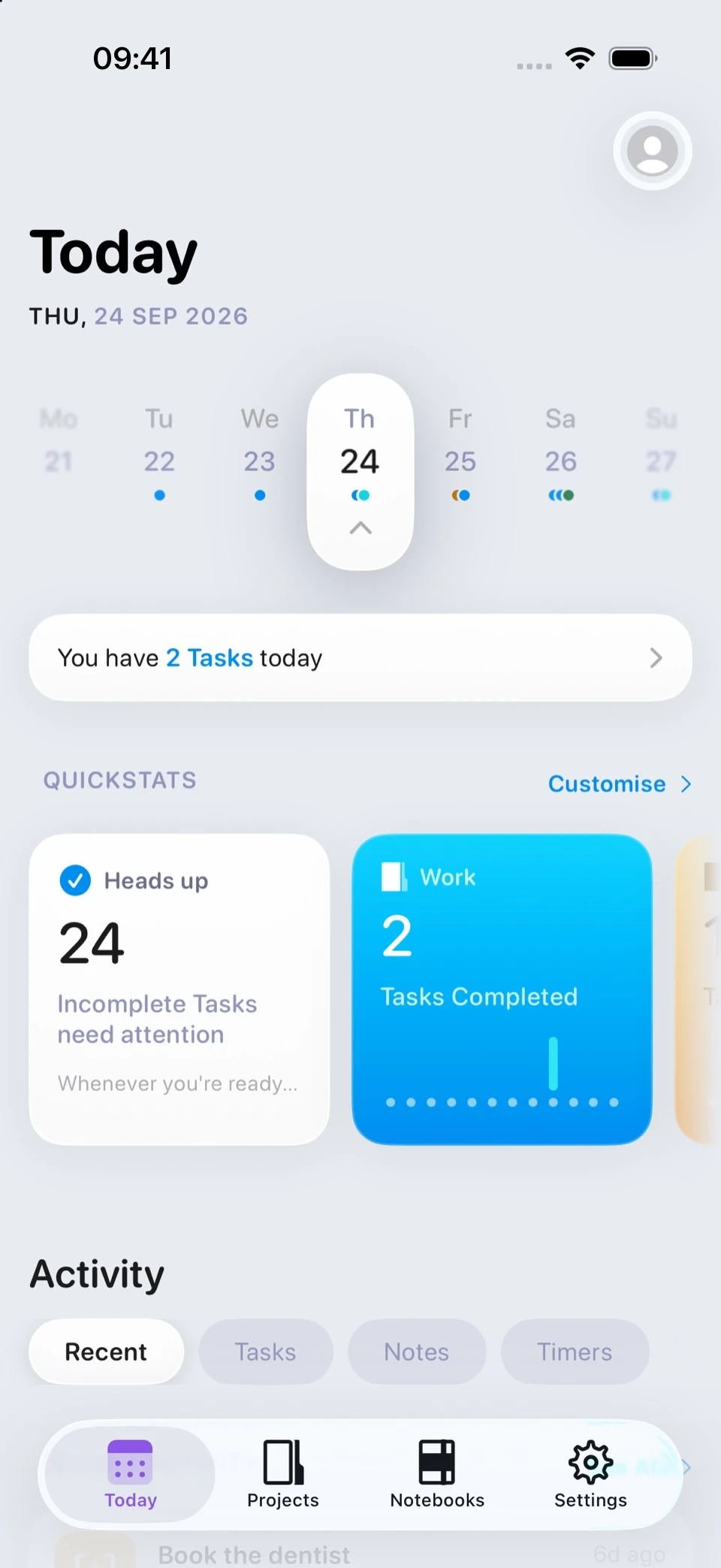 The Today screen, showing a week of dates with today selected, a count of the Tasks due, QuickStats tiles and a recent Activity feed.