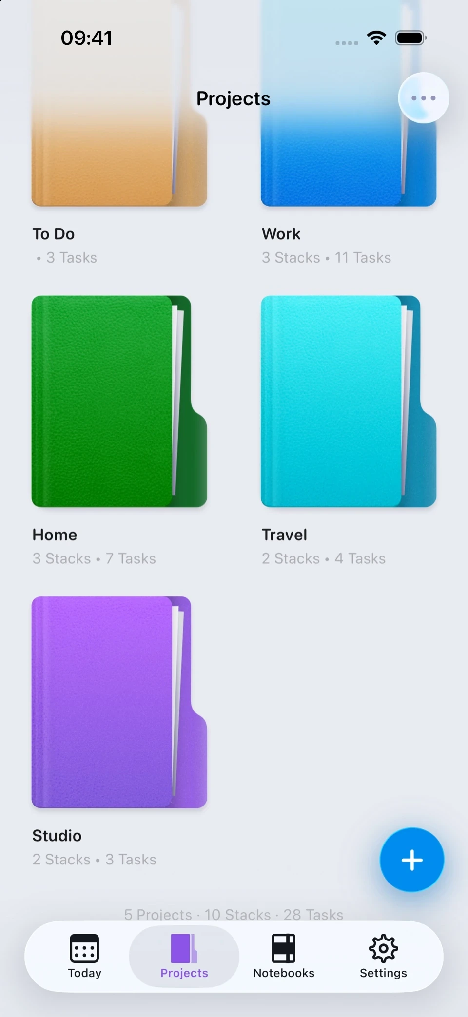 The Projects library, a grid of coloured folders named To Do, Work, Home, Travel and Studio.