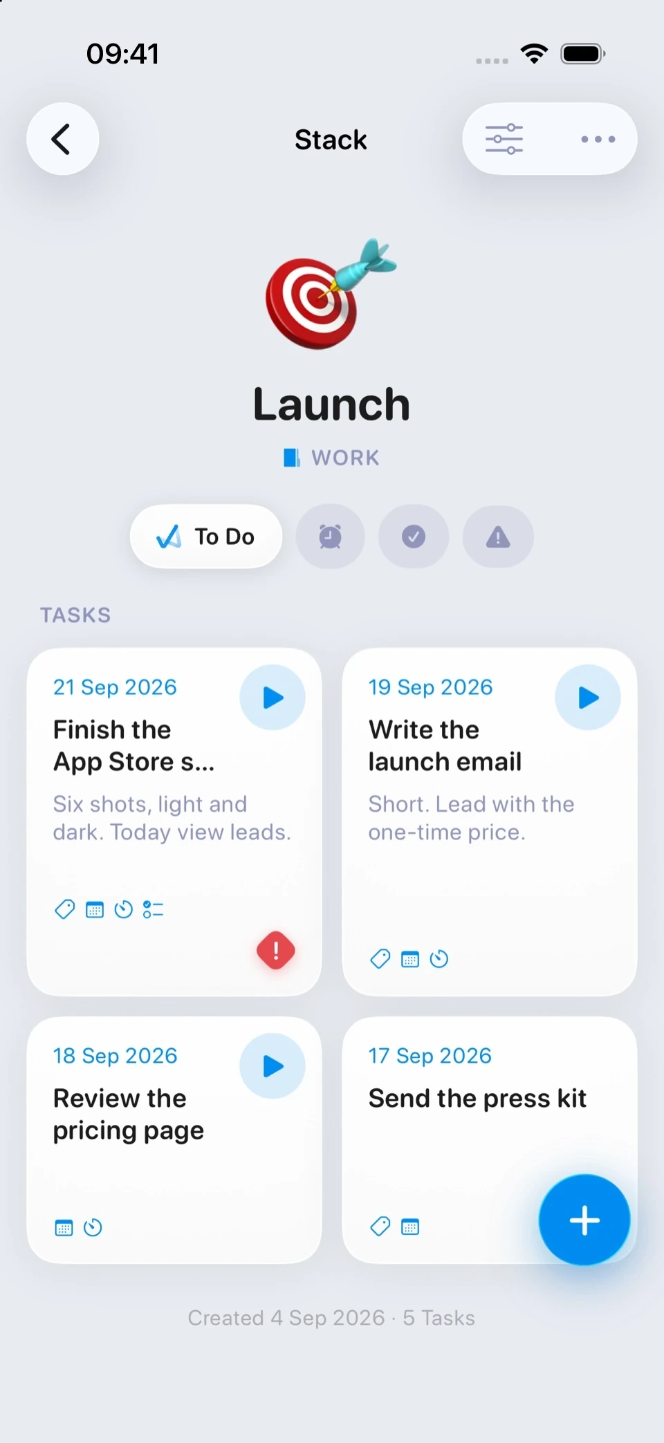 A Stack of Tasks shown as cards, each with its date, content icons and a play button for its timer.