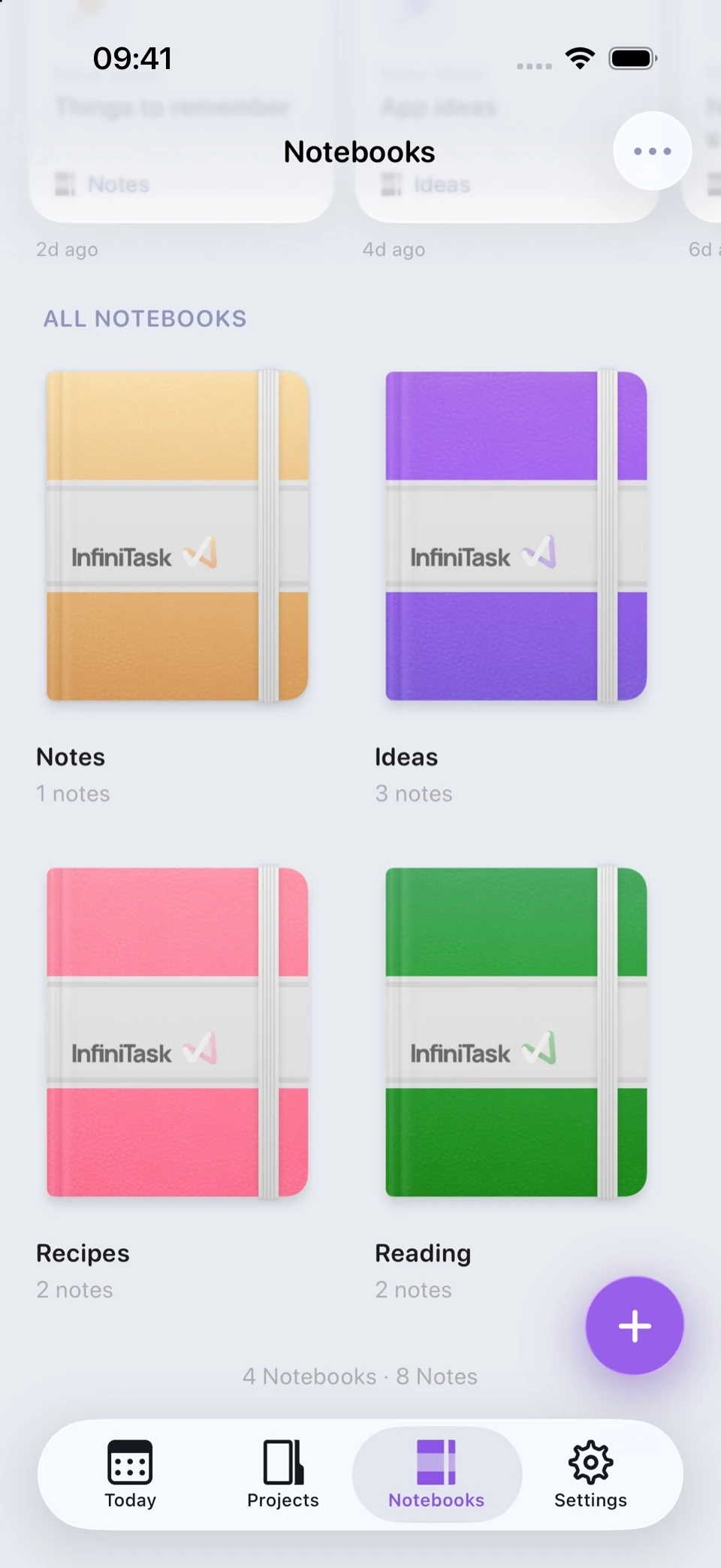 The Notebooks library showing four branded notebook covers in manilla, purple, pink and green.