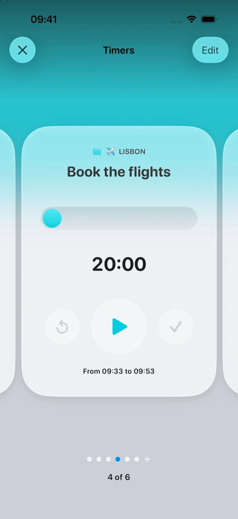 The full-screen Focus Timer showing a countdown of twenty minutes for the Task Book the flights.