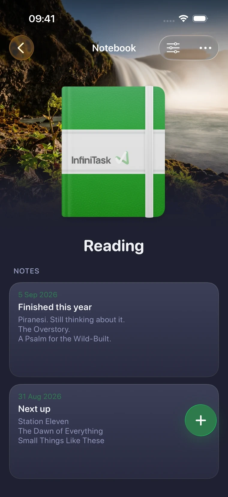 A Notebook called Reading, with a photo backdrop behind its green cover and two Notes below.