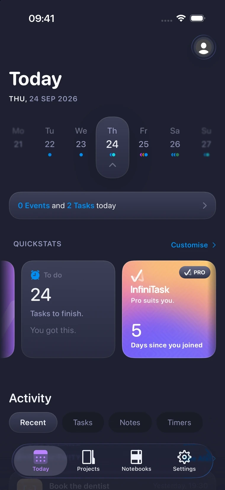 The Today screen in dark mode, with a date carousel, QuickStats tiles and an activity feed.