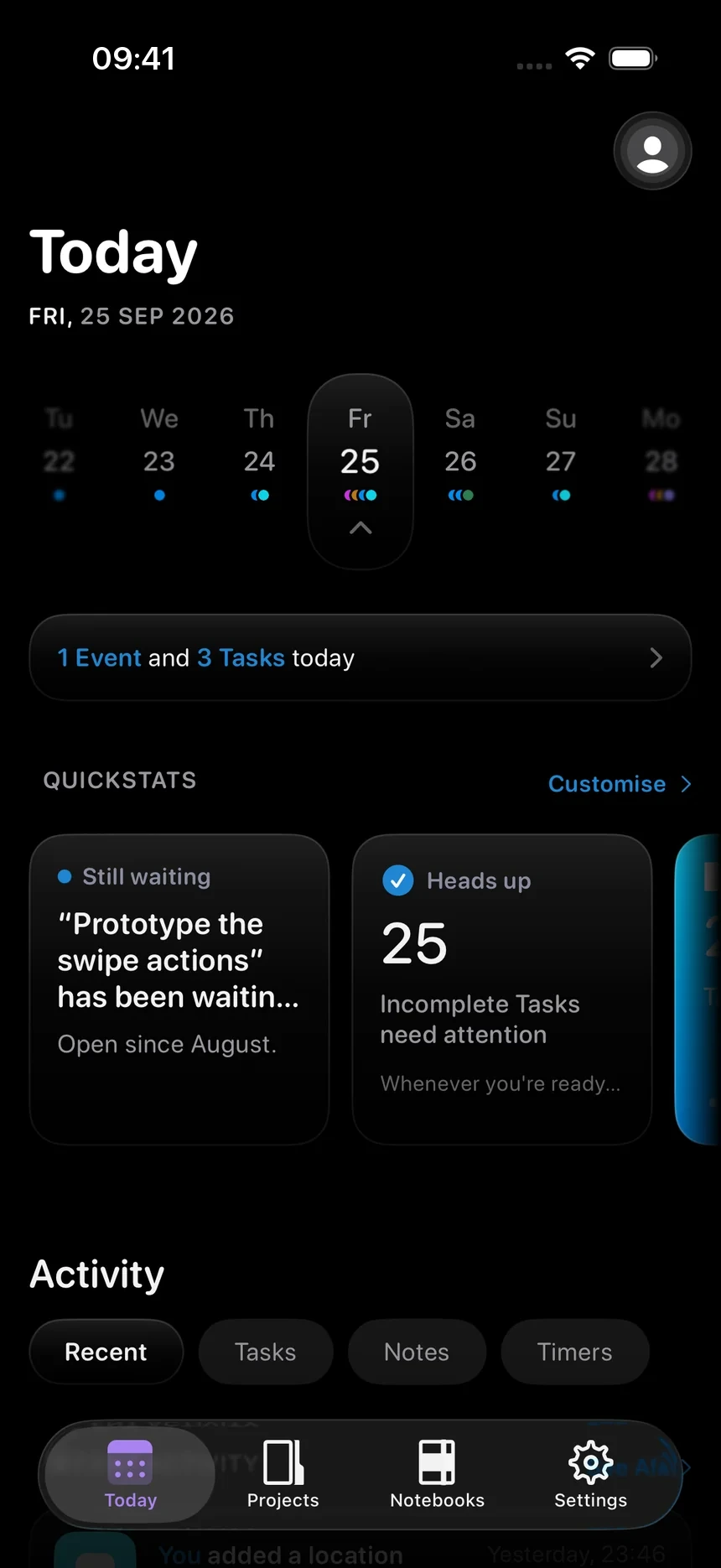 The same Today screen in the Black theme, on pure black.