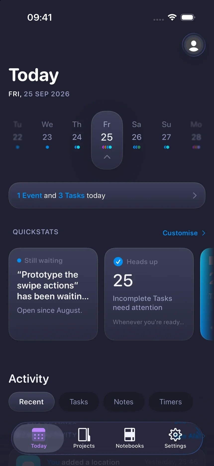 The same Today screen in the Dark theme.