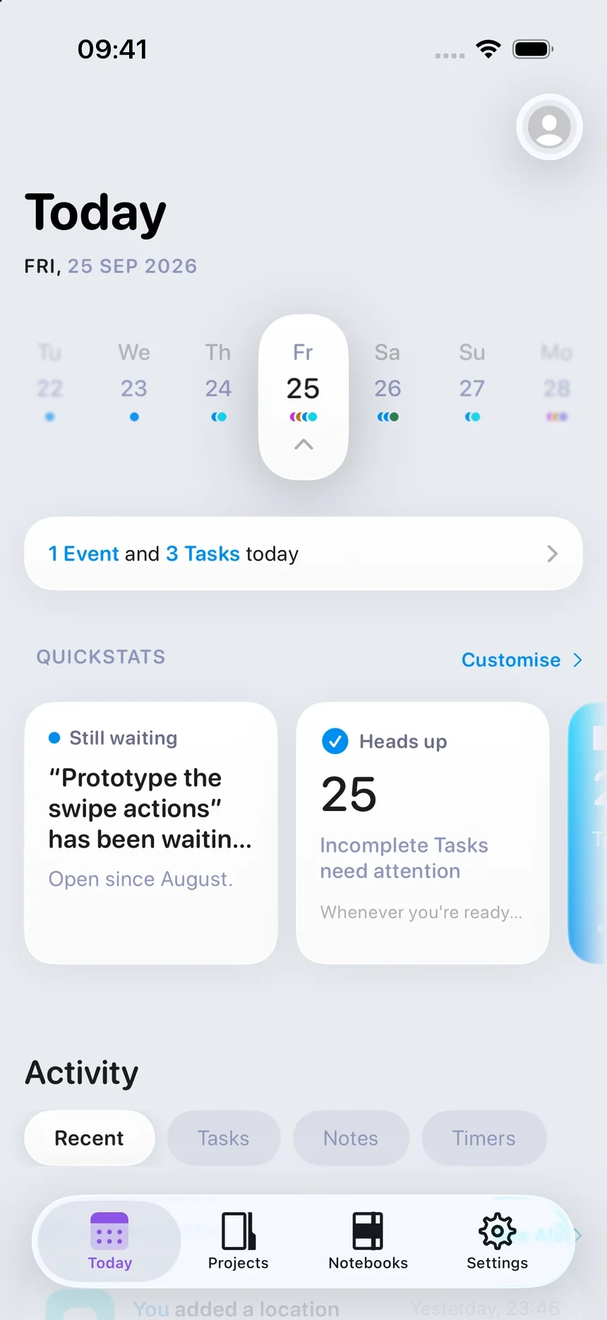 The InfiniTask Today screen in the Light theme.