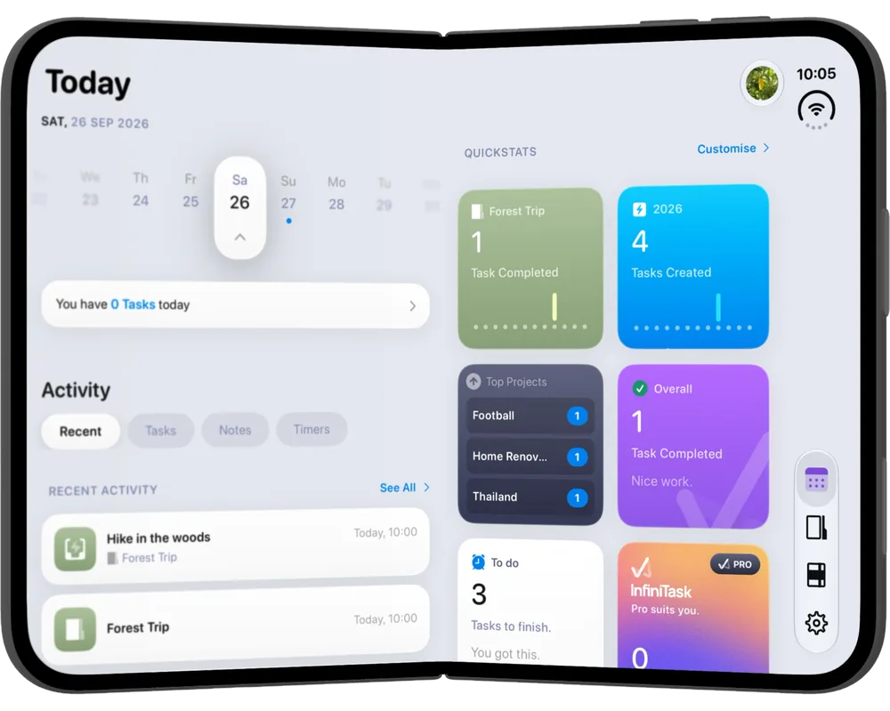 A foldable iPhone opened flat, showing InfiniTask's Today screen in landscape with a vertical sidebar and QuickStats tiles across.